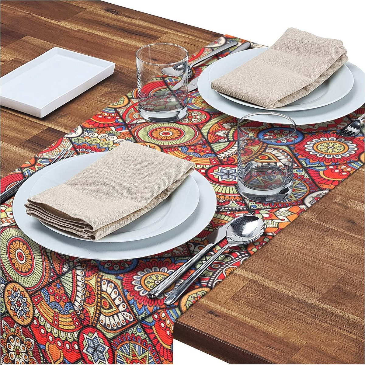 Kleurrijk Tafelkleed Boho Stijl Linnen - Wasbaar - 40x140 cm voor Binnen & Buiten