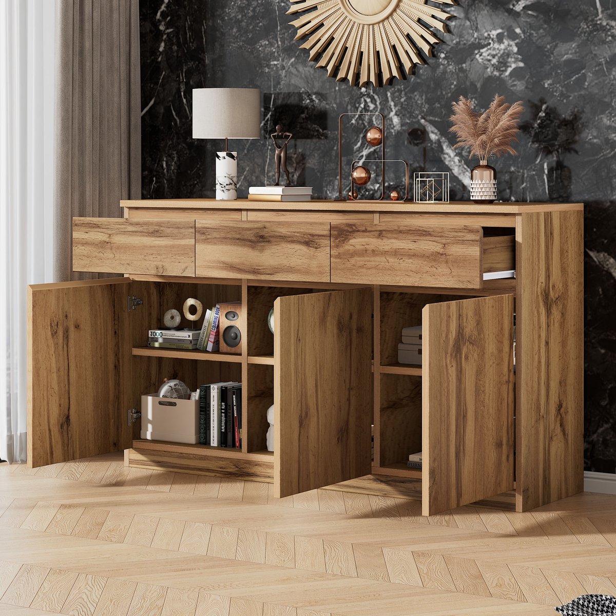 Wishdor Dressoir Met 3 Deuren En 3 Laden - Houtlook - Spaanplaat - Houtkleur - 135 x 40 x 81 cm