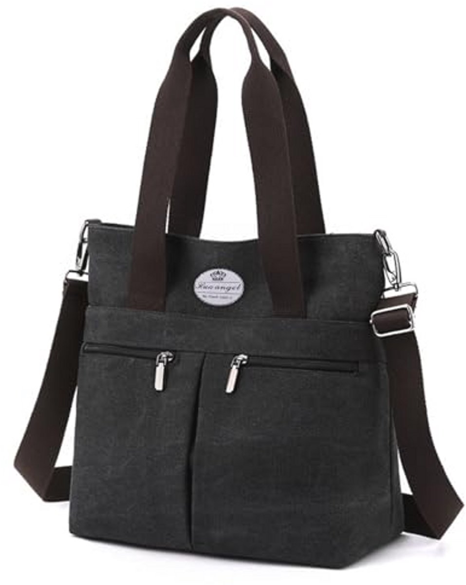 Grote Schoudertas Dames - Canvas Tas met Rits en Vele Vakken voor Werk, Reis en Winkelen