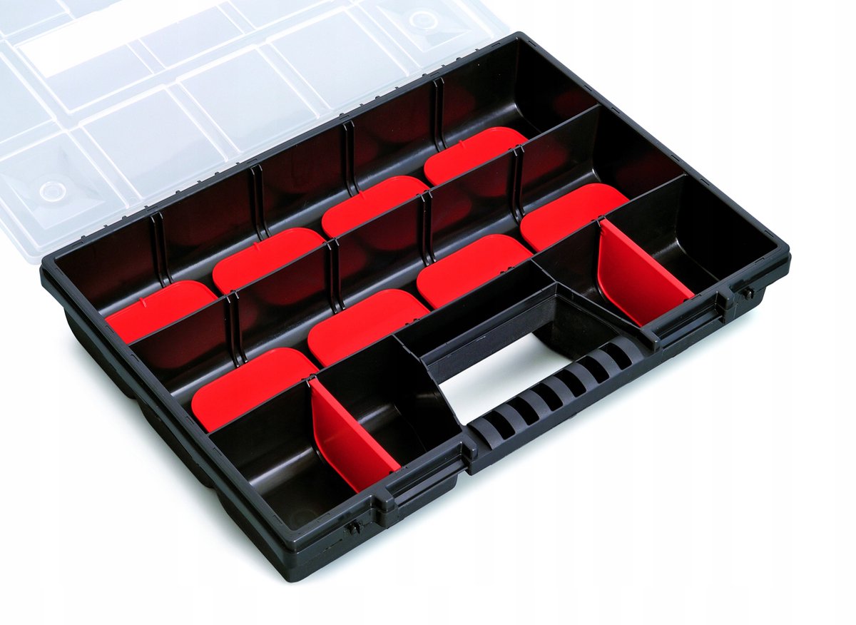 Kistenberg Sorteerbox/vakjes koffer - spijkers/schroeven/kleine spullen - 12 vaks - kunststof - zwart - 39 x 29 x 6.5 cm