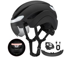 Smart Snorfiets Helm met Verlichting en Vizier - Met Richtingaanwijzers – LED fietshelm – e-bike helm – Speed Pedelec Fietshelm voor Volwassenen - Helm met LED Licht - Goedgekeurd voor Blauw Kenteken en E Bike - Dames en Heren - 57-62cm - Matzwart