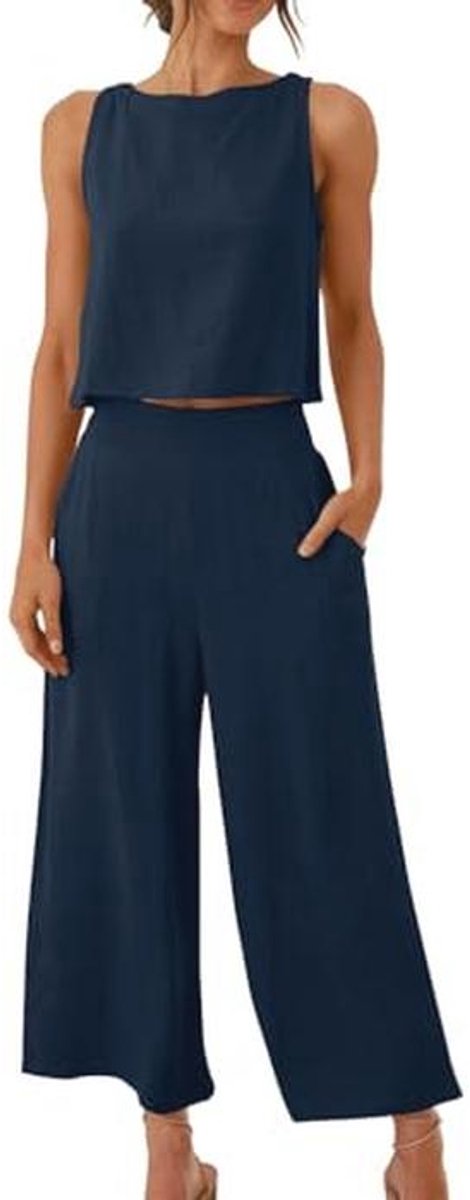 Mouwloze Croptop en Wijdere Broek Set voor Dames – Ideaal voor Zomerse Loungewear of Luchthavenoutfit