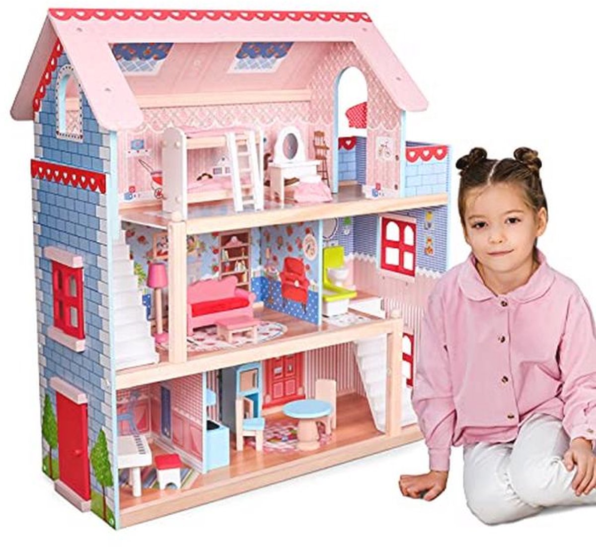 Houten Poppenhuis met LED Verlichting en 16 Accessoires voor Meisjes