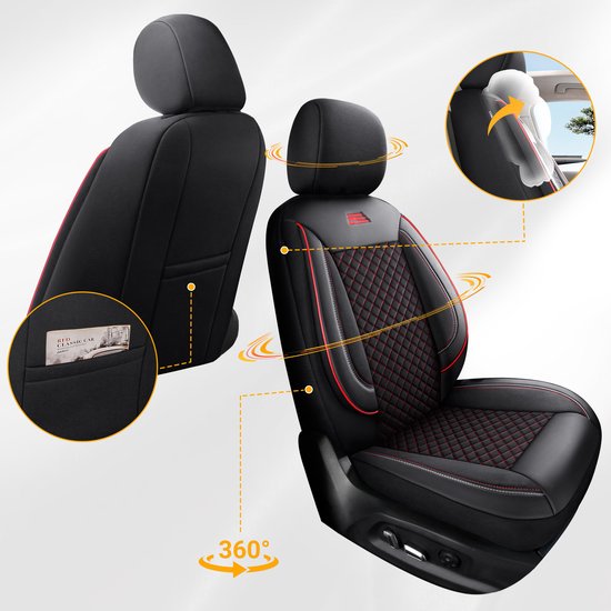 Housses de siège de voiture pour Volkswagen T-Roc 2017 sur mesure| Ensemble de 2 pièces | Siège conducteur + passager série AIS | AIS101 | Zwart avec coutures rouges