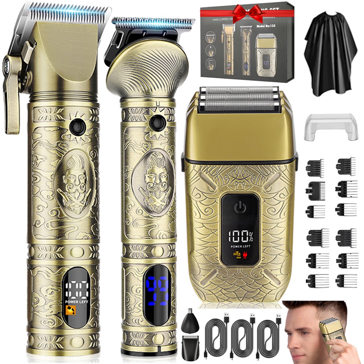 OKWISH Tondeuses – Haarstyling Set Met Professionele Tondeuse, Bartschneider En LED Indicator, Langdurige Gebruikstijd – Elektrische Tondeuse – ABS – Brons