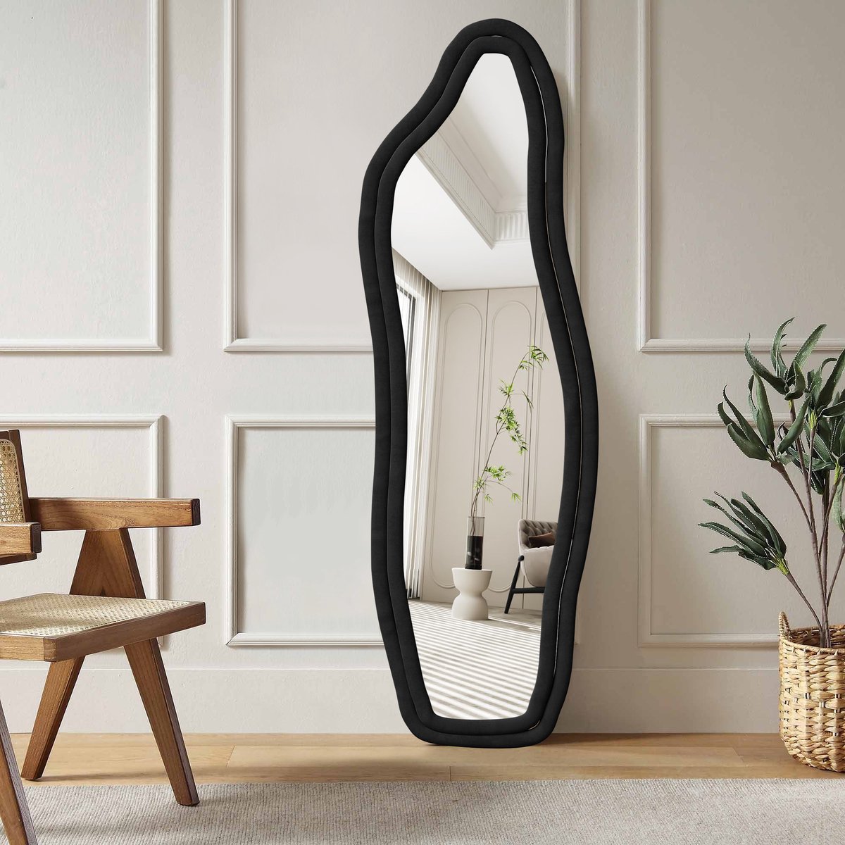 Onregelmatig Passpiegel 140x45 cm – Grote wandspiegel met Veloursrandspiegel, Multifunctionele (Opstaan/Wandhangen/Aanleunen), Designspiegel voor Dressing/Woonkamer/Slaapkamer, Zwart