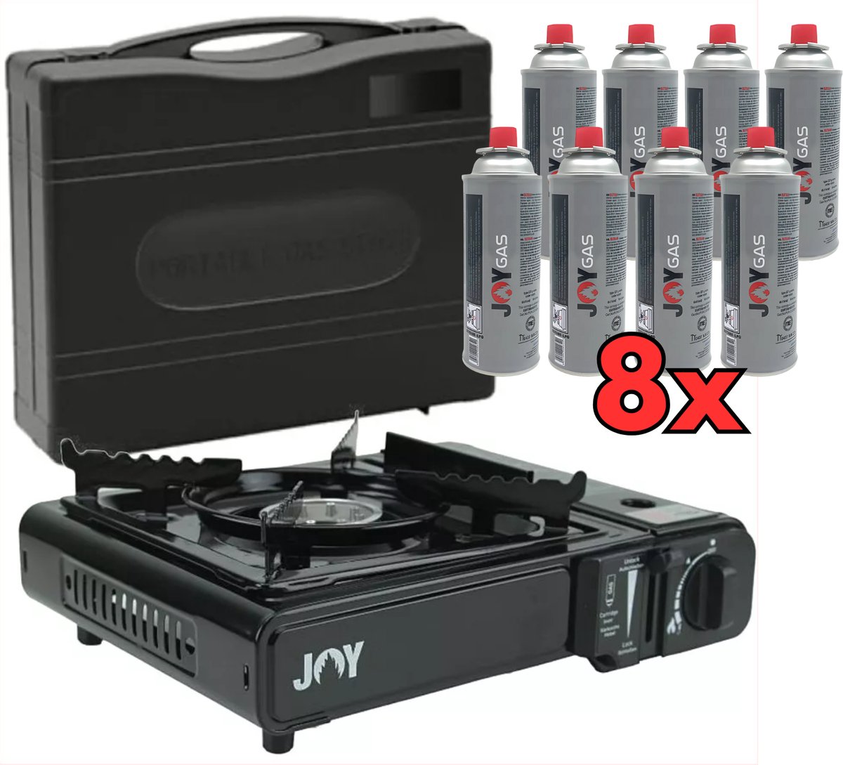 Joygas - Camping Kooktoestel - Kookstel - Butaan Gas - Inclusief 8 Gasflessen - Kookstel Gasflessen - 8x227 Gram - Noodpakket