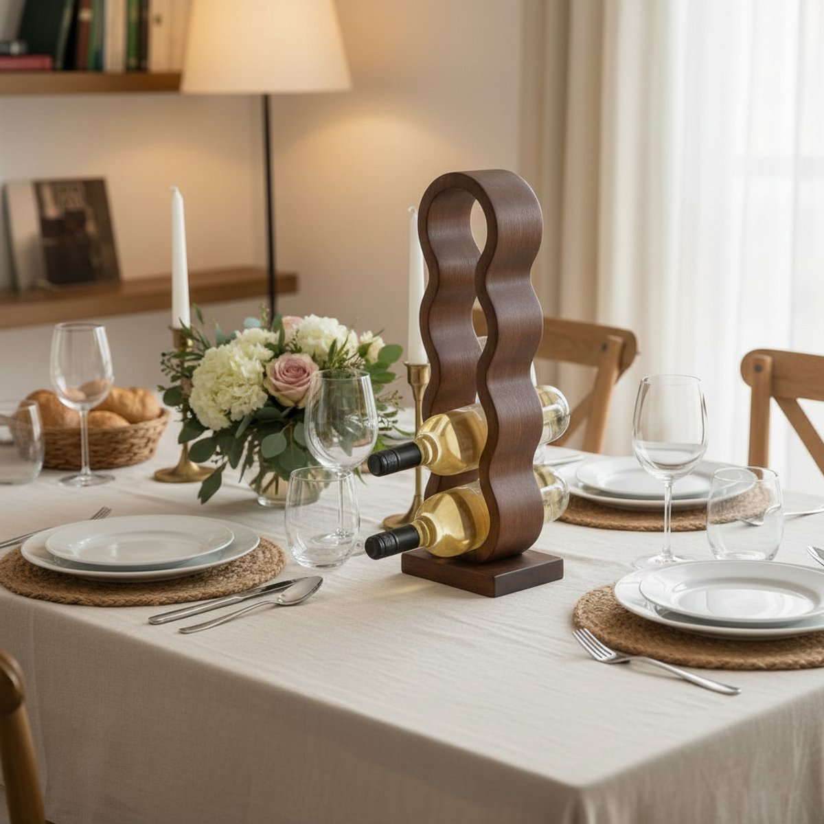 Meisterhome® Wijnfleshouder – Japandi Wijnrek - Voor 4 flessen - Stapelbaar Mangohout Flessenrek – Hout - Design Houten Wijnhouder - Duurzaam & Stijlvol - Bruin — cadeau in Wonen & Interieur - foto 2