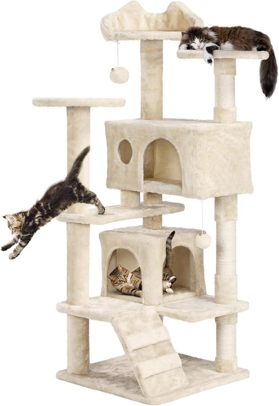 Krabpaal voor katten 67cm bruin-beige met sisal uitkijkplatform, huisjes en speelballen