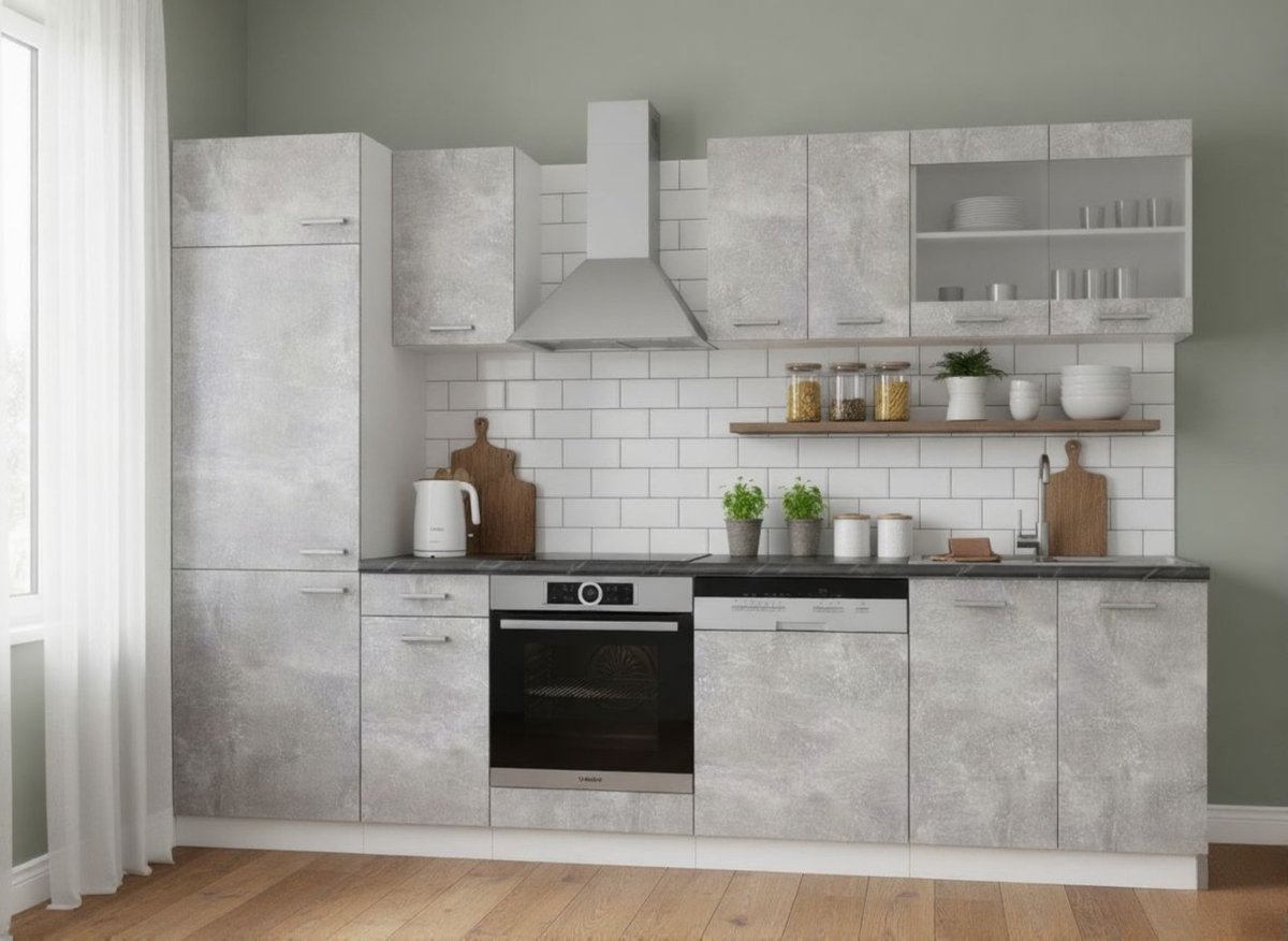 Keukenblok 300 cm Beton/Wit met Antraciet Werkblad – Complete Moderne Kitchenette met Verstelbare Poten, Stofdicht & Onderkasten 46 cm Diep – Incl. Werkblad & Montagehandleiding – 300x207x60 cm – Novihome