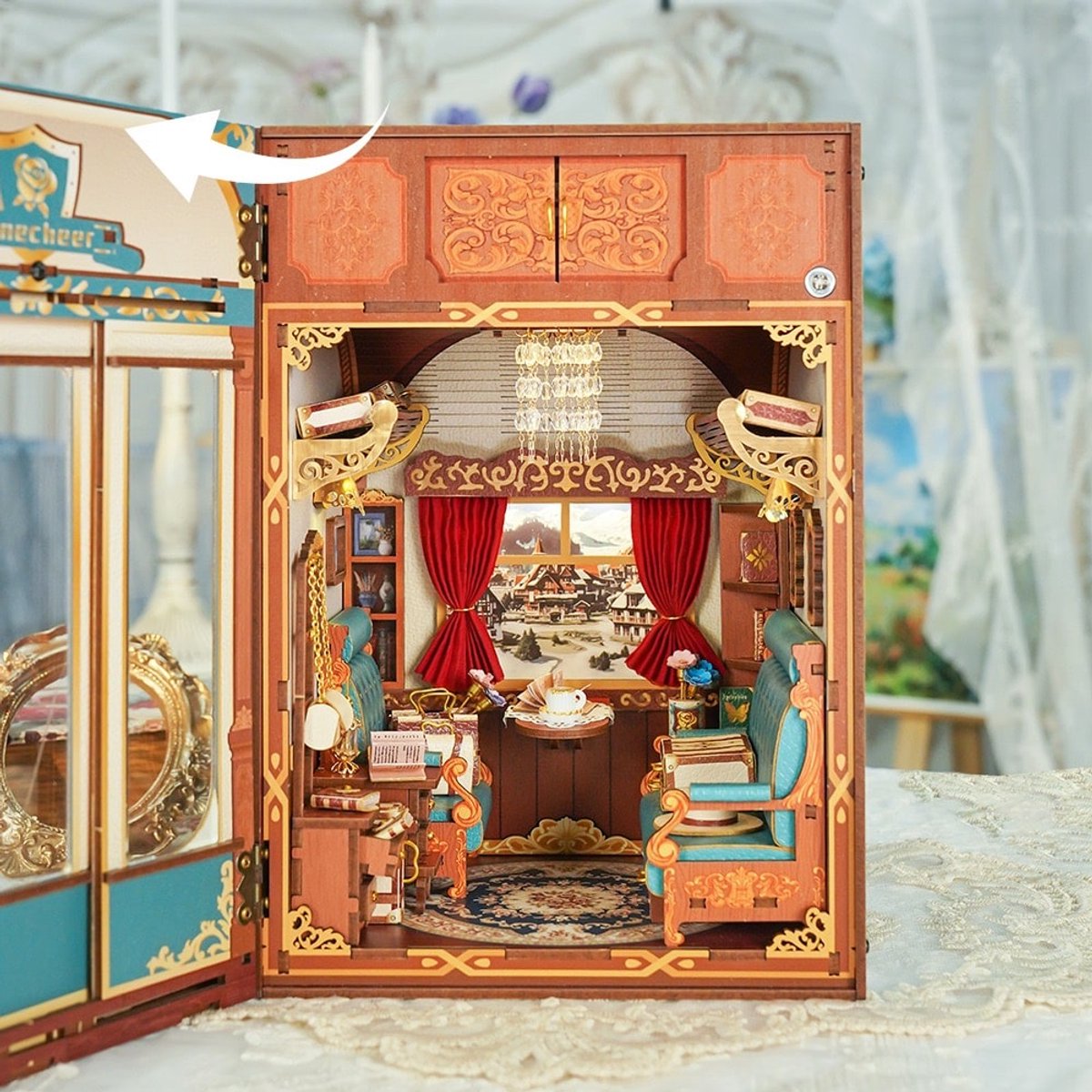 Tonecheer European Travels Book Nook Bouwpakket - Modelbouw - 15,8 x 22,4 x 22,5 cm - Houten 3D Puzzel - Boekensteun - LED-licht - Bewegingssensor Licht - Boekenhouder — afbeelding 3