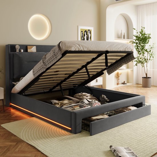 BRYXR 140 x 200 cm, fluwelen gestoffeerd bed, tweepersoonsbed met 3 laden en ledverlichting, functioneel opbergbed met comfortabel hoofdeinde, stabiele lattenbodems voor perfect slaapcomfort BRYXR 140 x 200 cm, fluwelen gestoffeerd bed, tweepersoonsbed met 3 laden en ledverlichting, functioneel opbergbed met comfortabel hoofdeinde, stabiele lattenbodems voor perfect slaapcomfort