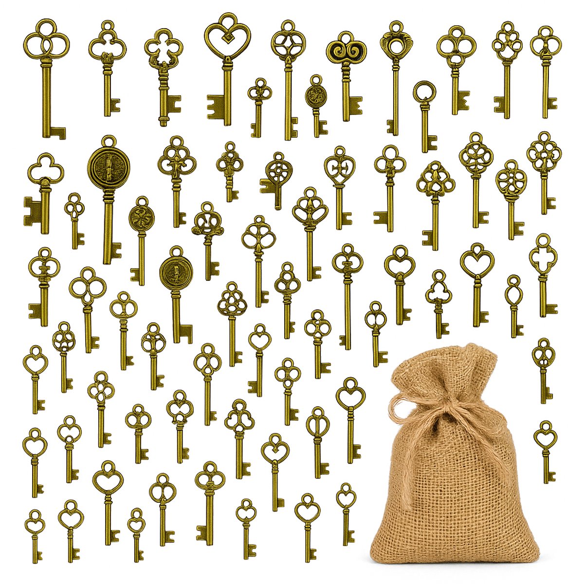 Waterval® Antique Keys Gift Set – 125 stuks – Brons – Decoratieve Sleutels voor Feest & Cadeau-ideeën