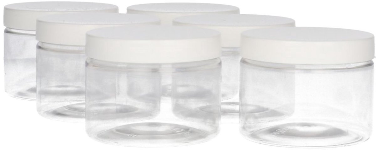 6 x Ronde Pot 150ml PET Kunststof - Transparant met Schroefdeksel wit - PET Kunststof BPA-vrij - Plastic Verzamel potten Navulbaar - Met Dop - Lege Potten - 6 stuks