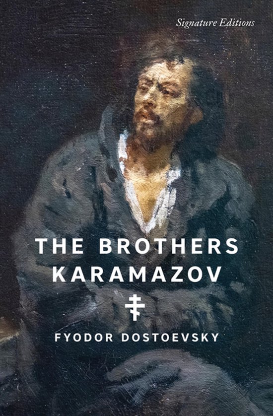 Boekomslag van De Gebroeders Karamazov, met schilderij van een man in donkere kleding.