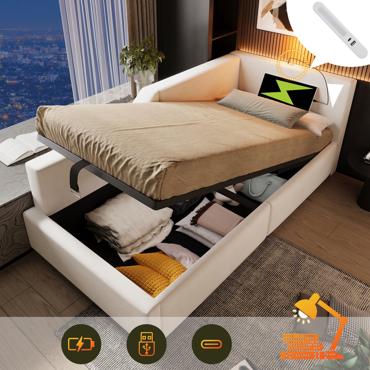 STILVORA Slaapbank 90x200 cm - Slaapbank met Opbergruimte en USB-C Oplaadfunctie - Fluweel - Beige