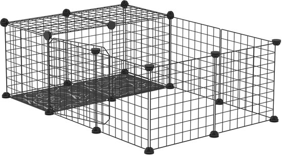 Zwarte kooi voor kleine dieren met een rechthoekig ontwerp en een verdieping.