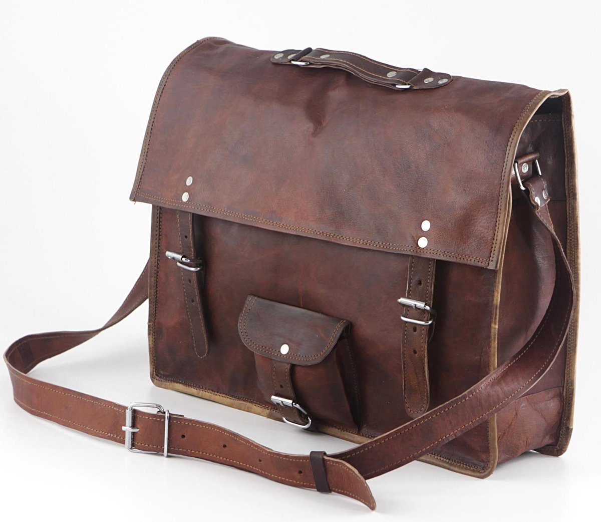 Crossbody Grote Laptop Tas ECHT LEER Messenger Tas – Urban Vintage Satchel Tas 42 x 35 x 11 cm - 17 inch “Lobo” – model 017 – Kleur Cognac Bruin