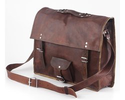 Crossbody Grote Laptop Tas ECHT LEER Messenger Tas – Urban Vintage Satchel Tas 42 x 35 x 11 cm - 17 inch “Lobo” – model 017 – Kleur Cognac Bruin