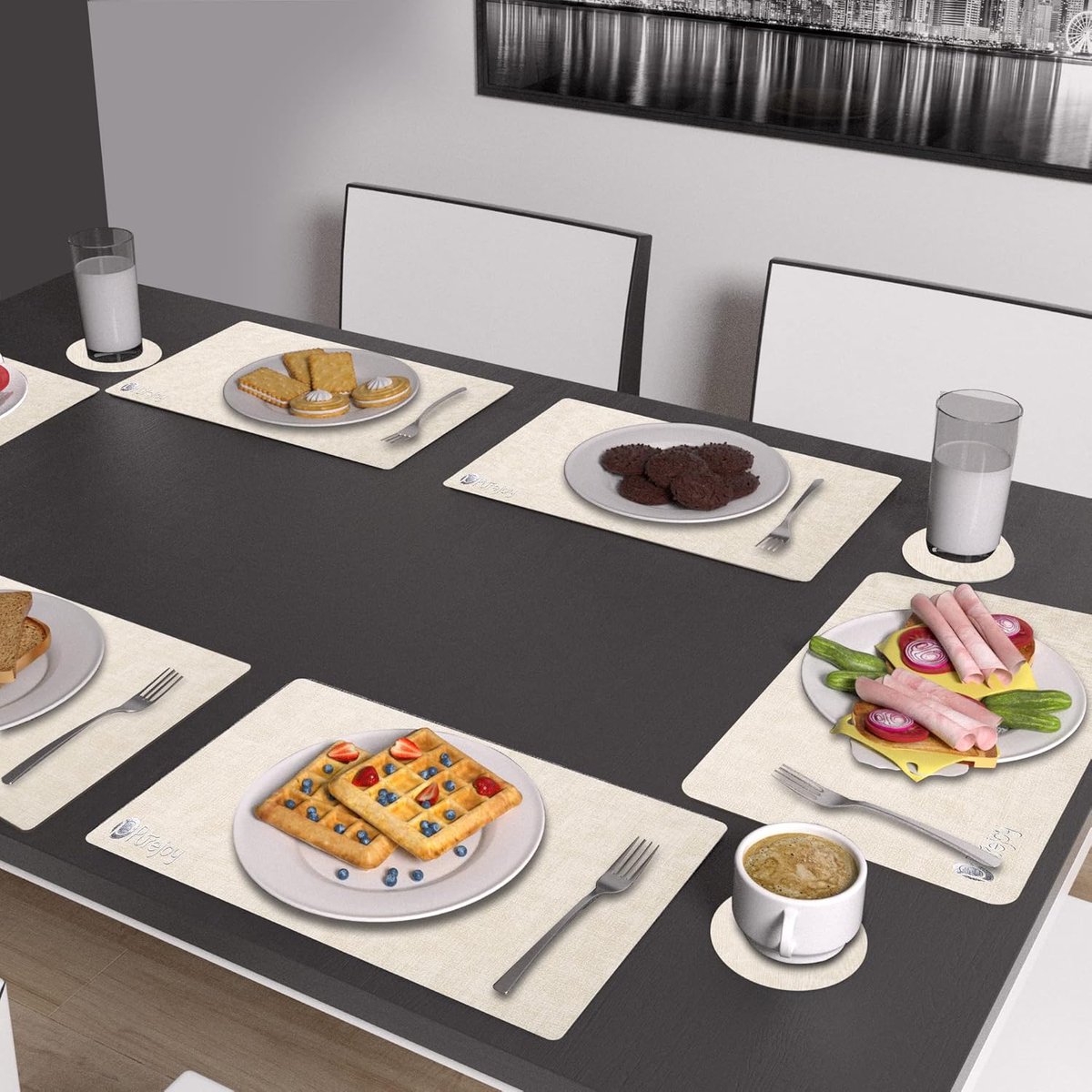 Candala - Placemats, afwasbaar, 6 stuks, met tafelonderzetters, 6 stuks, hittebestendig, antislip, afwasbaar, PU-tafeldecoratie voor thuis, keuken, eettafel 43 x 30 cm, beige