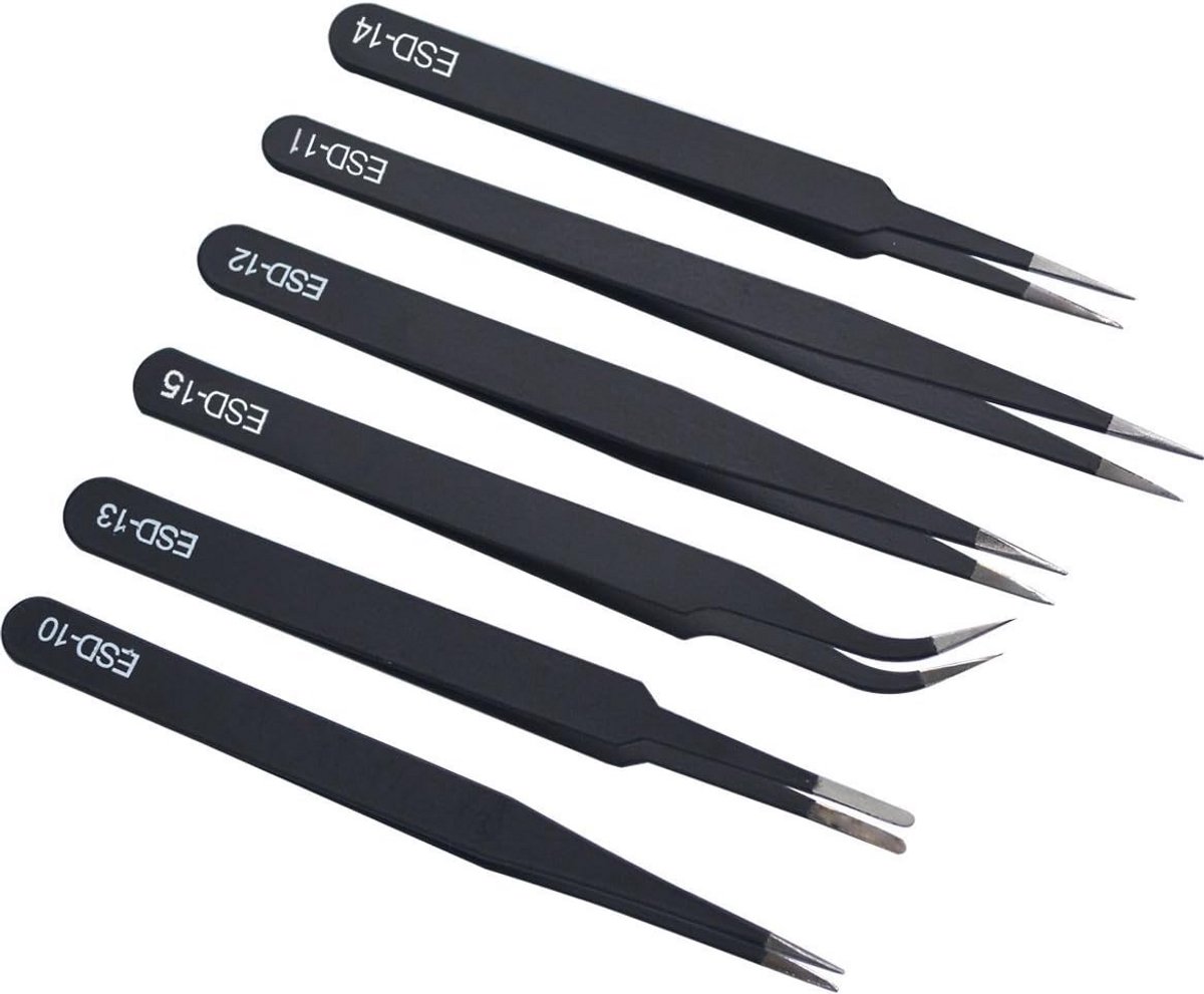 6-delige ESD Pincet Set Roestvrij Staal - Antistatisch & Precisie Pincetten voor Elektronica, Sieraden en Wimperextensions