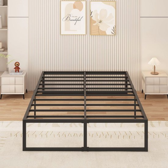 Yicensen Eenpersoonsbed 90 x 200 cm Metalen Bed Met Lattenbodem, Hoogte 41 cm, Bedframe Voor 1 Persoon, Stil, Stabiel, Minimalistisch Design, Eenvoudig te Monteren, Zwart