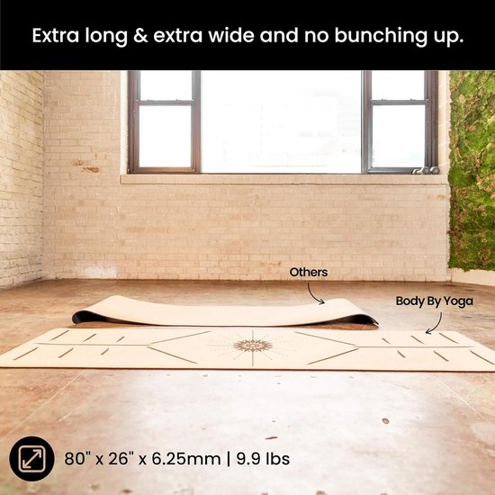 Body By Yoga Kurk yogamat antislip, zacht, zweetbestendig. Dikker, langer en breder voor meer comfort en ondersteuning. Sterk genoeg voor warme yoga. Optionele ingebouwde houdlijnen (80" X 26" X 6,5 — afbeelding 3