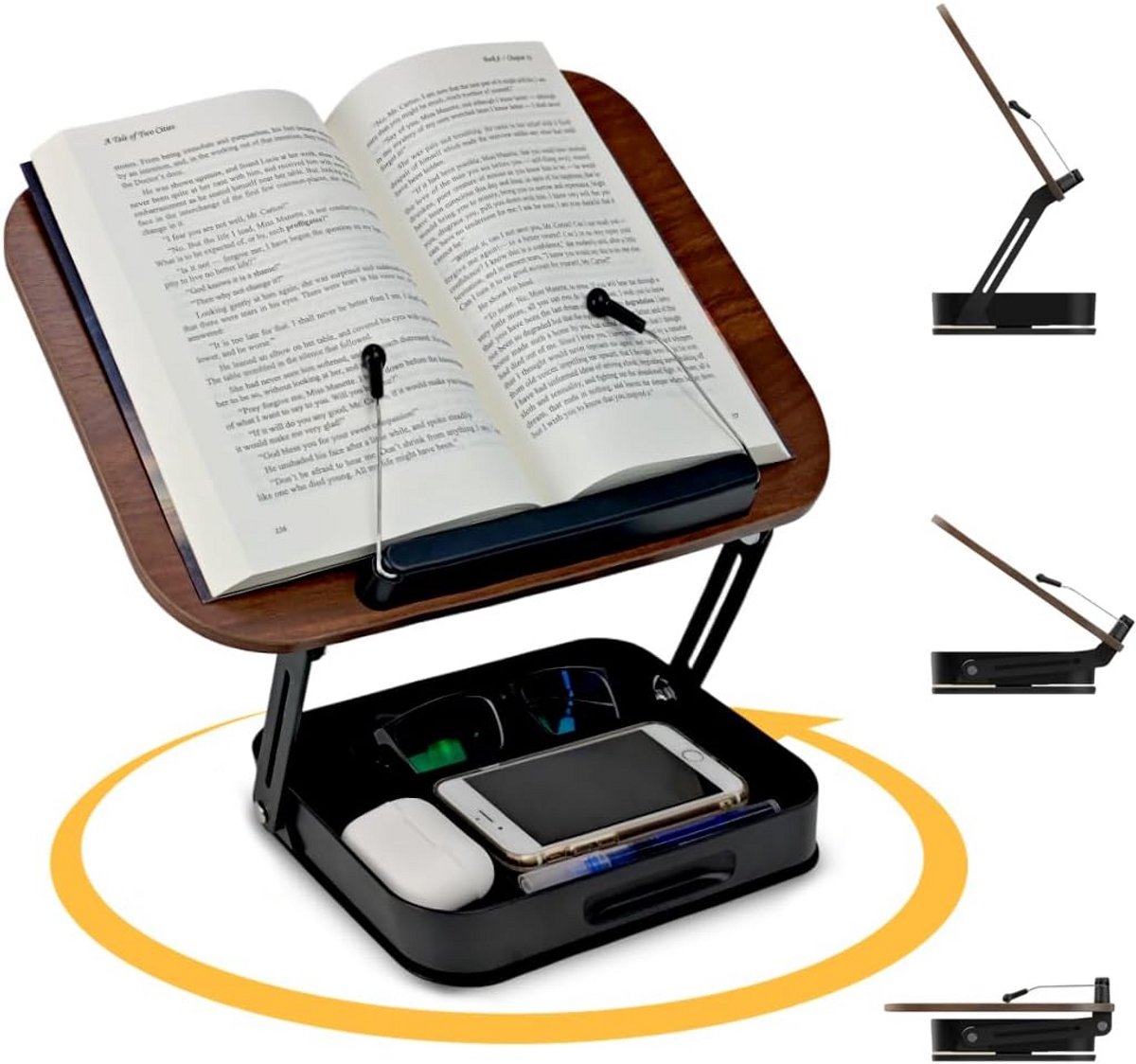Opvouwbare Houten Boekenstandaard met 360° Draaibare Basis en Paginaclips