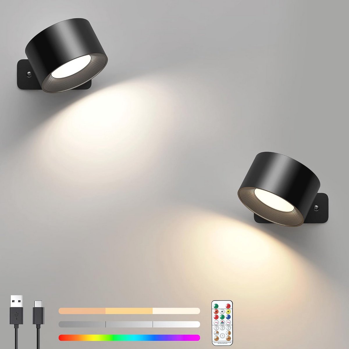 Wandlamp LED RGB, 2 stuks, Draadloze Wandlamp zonder Stroom, 360° Draaibaar, 16 Kleuren, Dimbaar voor Woonkamer en Slaapkamer