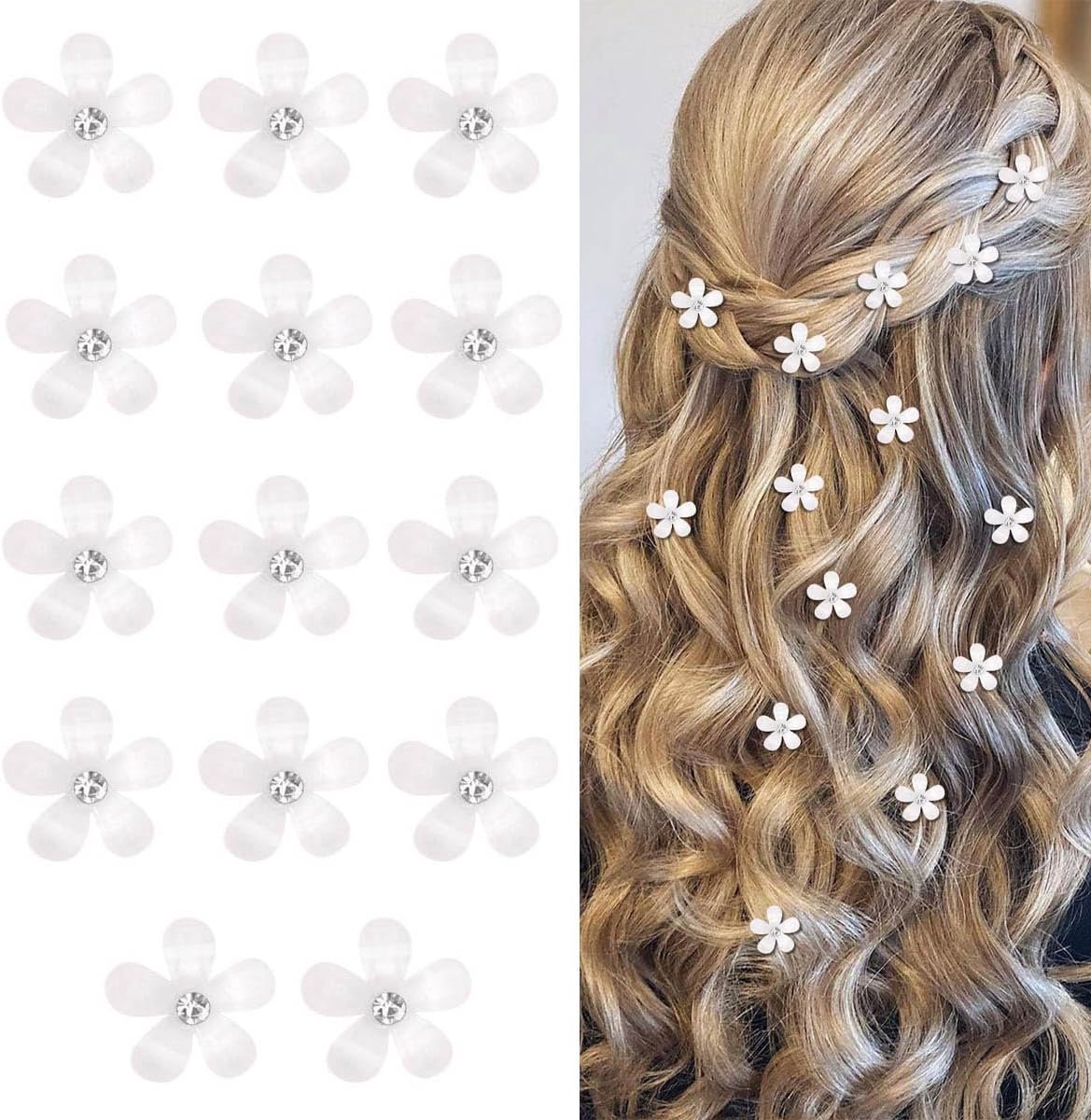 14 stuks Witte Strass Bloem Haarclips - Kleine Scherpe Haarspeldjes voor Dames & Meisjes