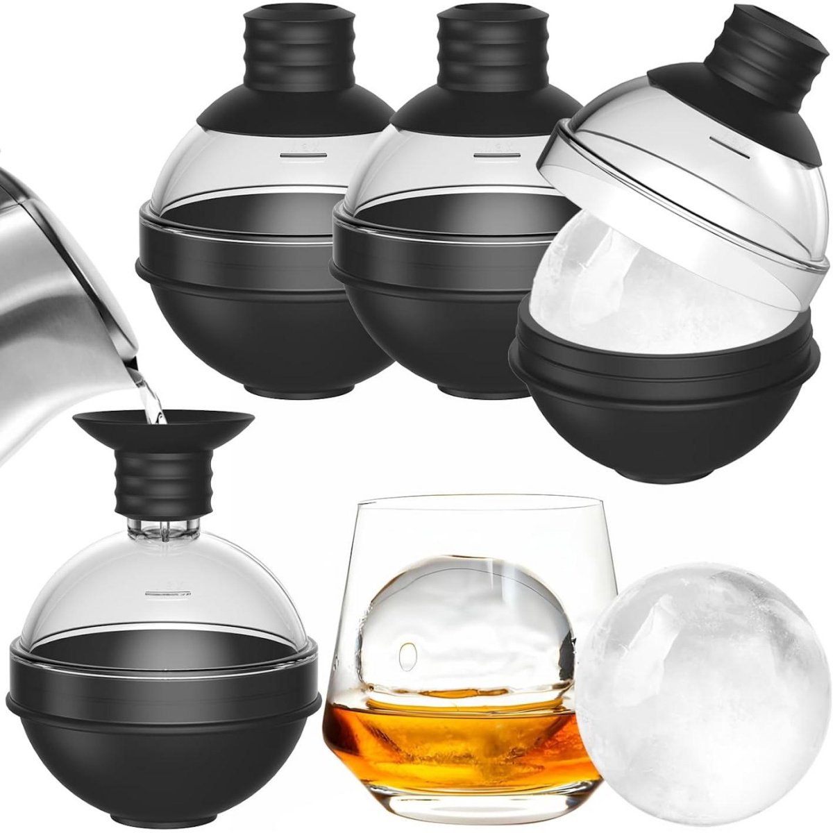 GELLDG Grote siliconen ijsbolvorm - 4-delige set - Speciaal geschikt voor whisky - Met 2-in-1 trechterdeksel - Ronde ijsblokjesvorm van 6 cm - Geschikt voor cocktails en bourbonwhisky - Perfect ronde ijsblokjes - IJsbolmaker