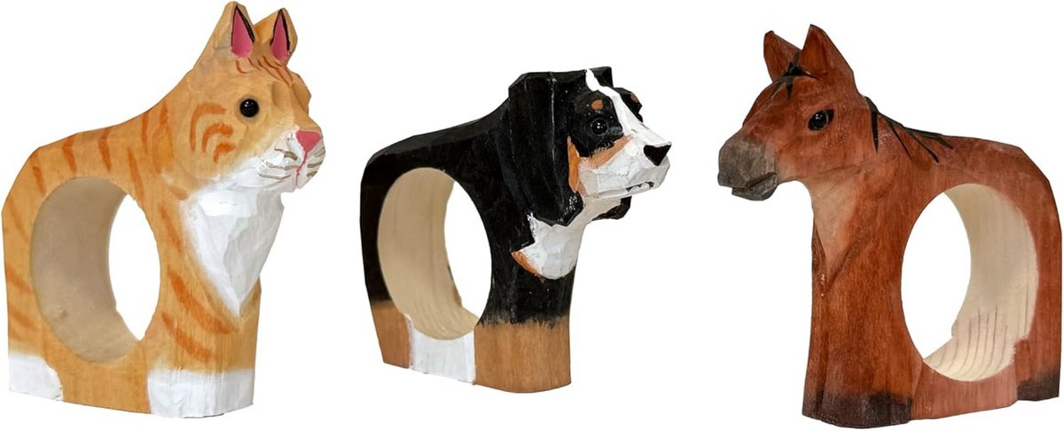 Set van 3 Houten Servetringen met Handgesneden Dierenmotief