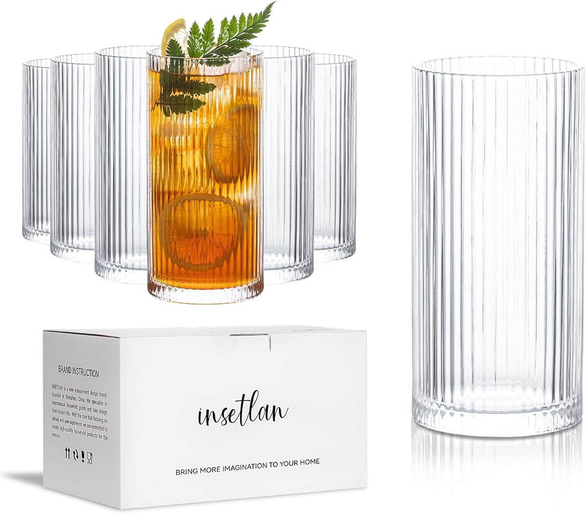 Geribbelde Longdrinkglazen Set van 6 - 370 ml, Vaatwasmachinebestendig, Ideaal voor Whisky, Bier, Sappen, Ijskoffie en Cocktails