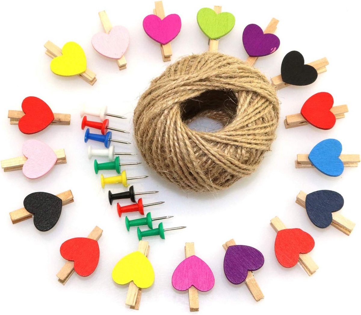 Set van 50 Decoratieve Houten Wasknijpers Hartjes met Punaise en Hennep Touw voor Foto Decoratie