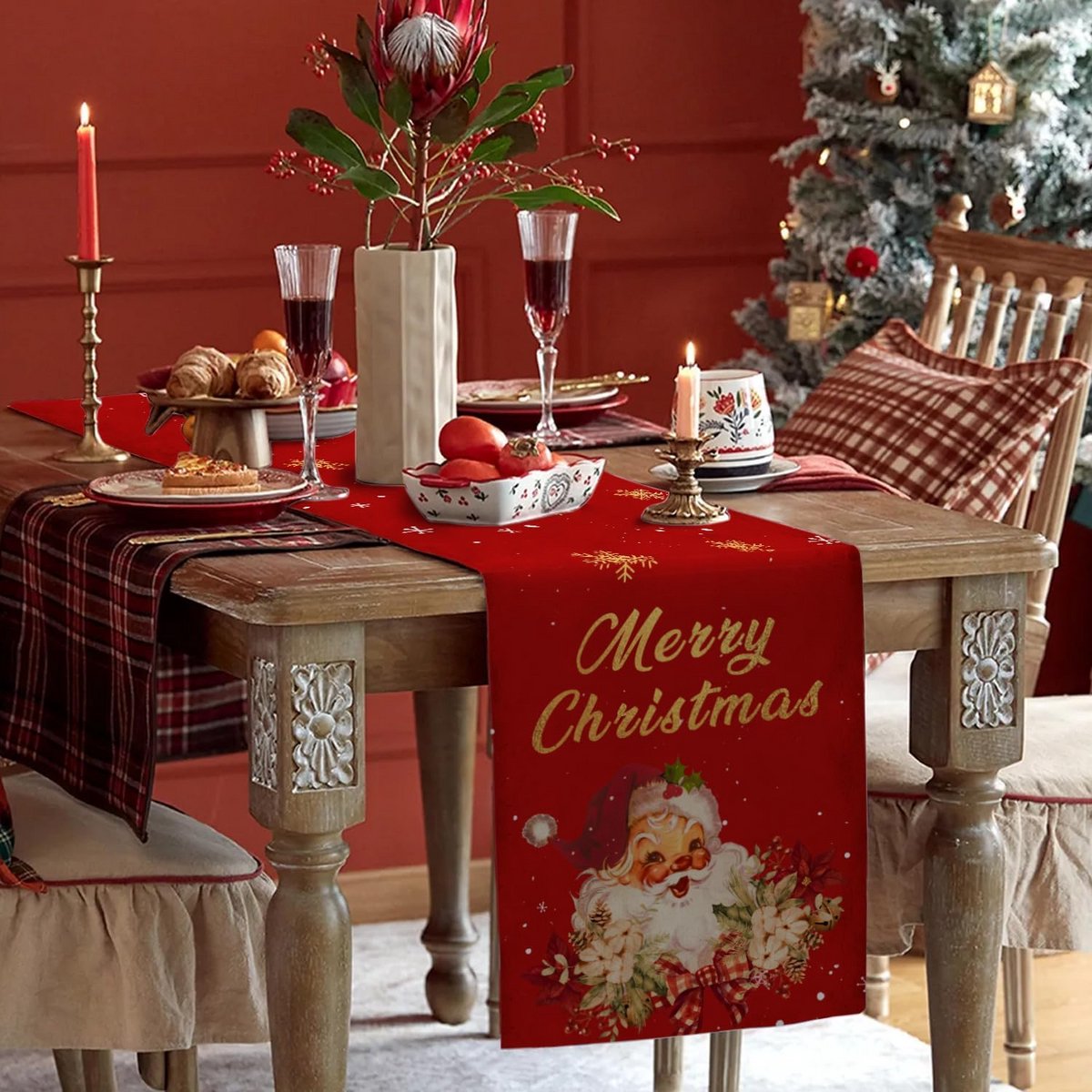Feestelijke Kerst Tafelloper Rood Goud Vintage Sneeuwvlok 30x183 cm