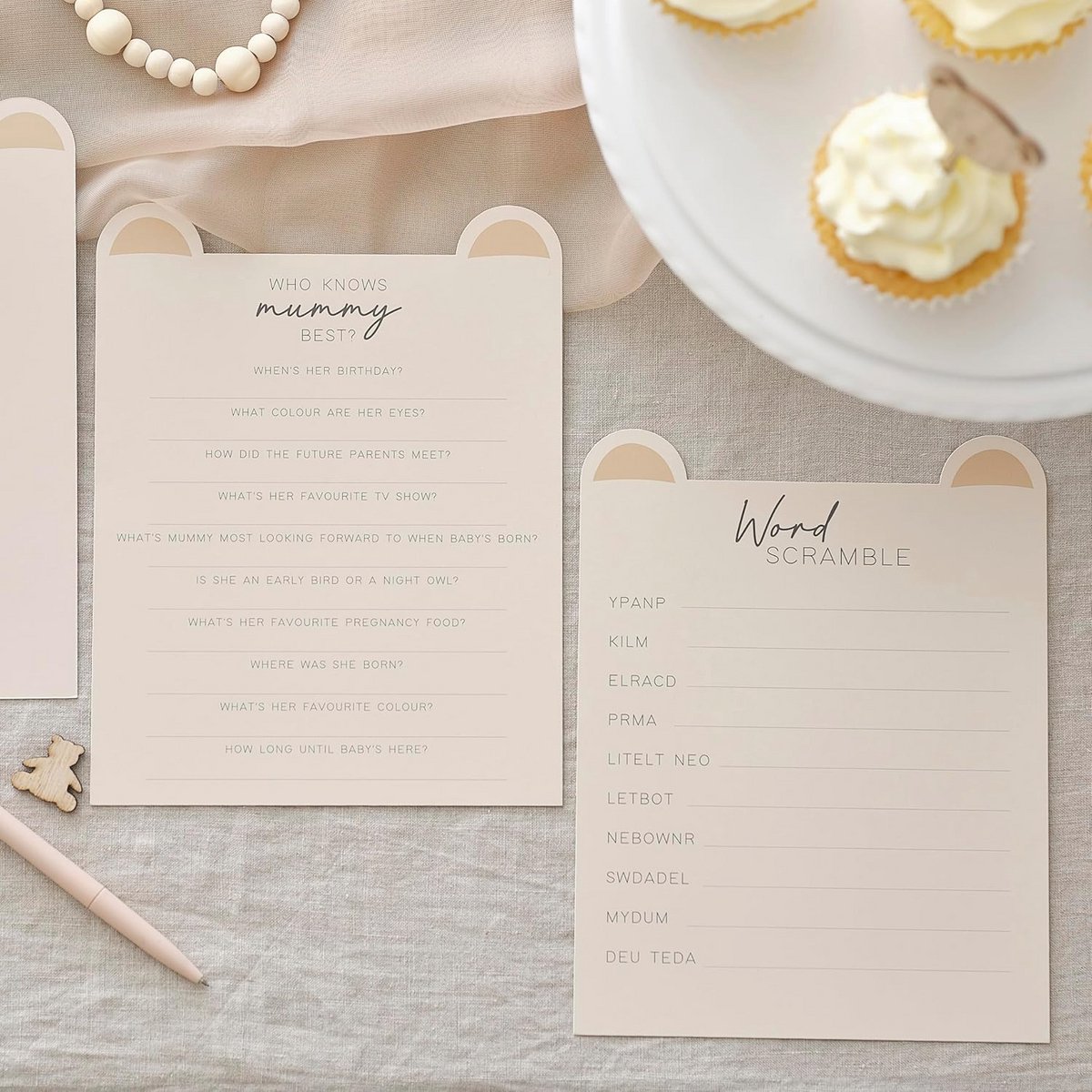 Babyshower Quiz Spellenpakket - Word Scramble & Who Knows Mummy Best met 20 Kaarten