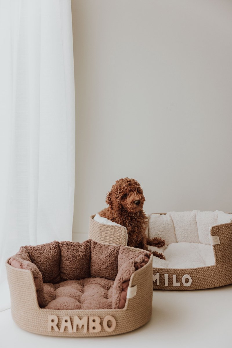 Hondenmand - Medium - Met Naam - Bruin - Mand - Kussen - Teddy - Zacht - Interieur - Dierenmand - Huisdier - Mooie hondenmand - Kattenmand - Kat - Handgemaakt - Dog Bed - Gepersonaliseerd - Hondenkussen - Kennel - Hond - Krabpaal