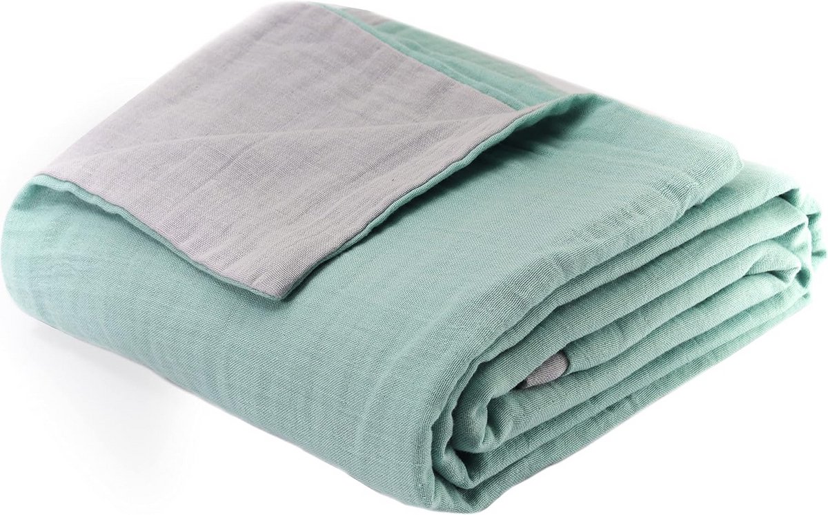 Musseline Baby Blanket – Ademend en Zacht Katoen, 100 x 145 cm, Multifunctionele Swaddle en Cuddle Blanket in Grijs-Mint