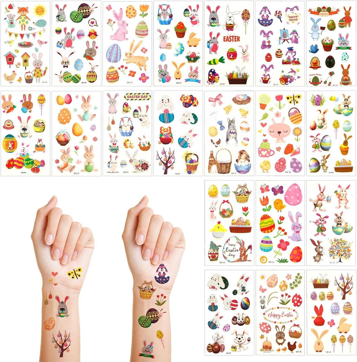 VVGoods - Paastattoosticker voor Kinderen - 20 Vellen - Verschillende Stijlen - Tijdelijke Tatoeages van Konijn - Ei Mand - Konijntattoo - Paasfeestgunsten