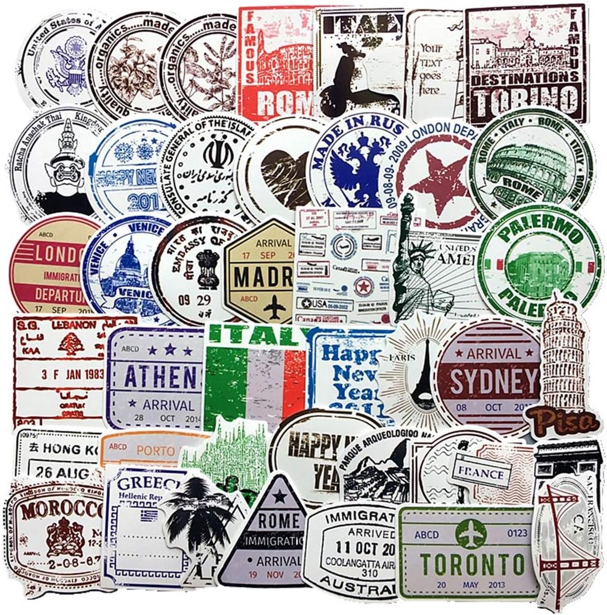 Set van 60 Vintage Reisstempels Stickers voor Koffers, Laptops en Waterflessen
