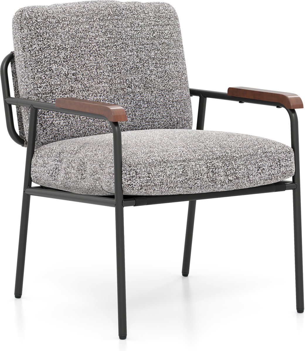 Costway Gestoffeerde stoel, woonkamerstoel met rugkussens en armleuningen van massief hout, metalen frame, tot 150 kg, accentstoel, relaxstoel, leesstoel, voor woonkamer, slaapkamer, 60,5 x 71 x 86 cm Grijs + Zwart