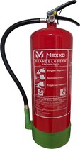 Mexxo schuimblusser van 6 liter, rood met groene voet, met zwarte slang en hendels. Tekst met instructies.