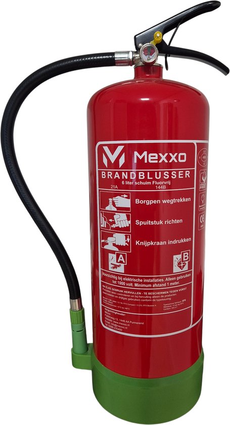 Mexxo schuimblusser van 6 liter, rood met groene voet, met zwarte slang en hendels. Tekst met instructies.