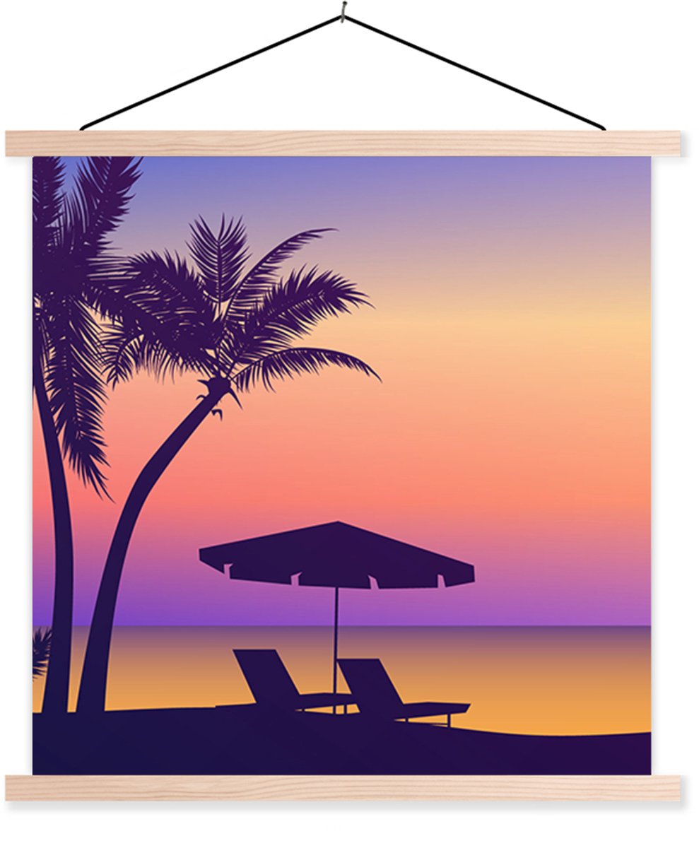Posterhanger incl. Poster 60x60 cm - Schoolplaat - Strandstoel - Parasol - Nacht - Tekenin