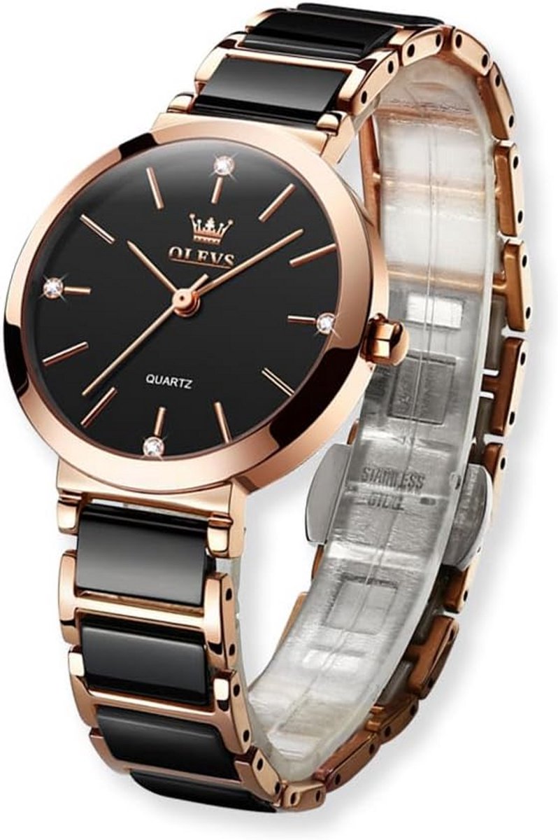 Elegant Dameshorloge met Keramische Band en Kristallen - 30MM Waterdicht