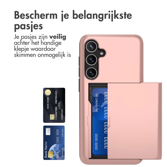 Roze telefoonhoesje met gesloten kaartvak en twee creditcards. "Bescherm je belangrijkste pasjes".