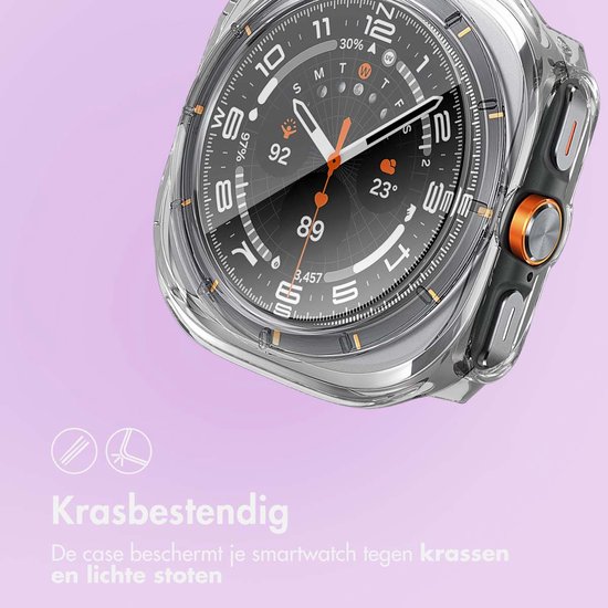 Transparante smartwatch case met oranje knoppen.