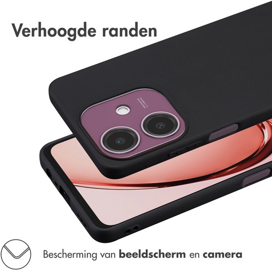 Zwarte telefoonhoes met verhoogde randen ter bescherming van scherm en camera.