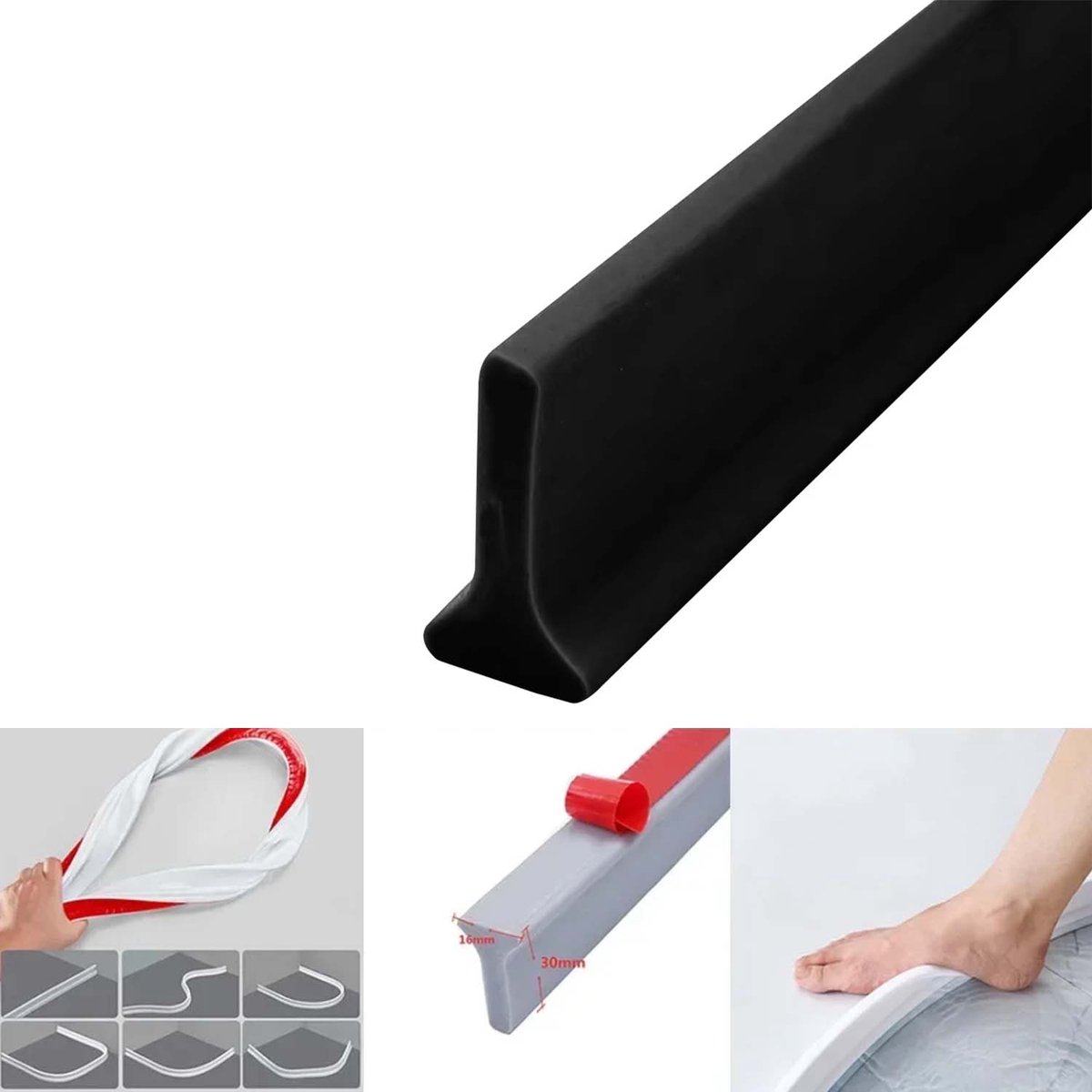 Douchedrempel Waterdam - Overstroming Douche Water barrièRe Voor Retentiesysteem Houdt Droog En Nat Gescheiden - Buigbare Deurbodem Afdichtingsstrip 16*30mm (Zwart - 2 m)