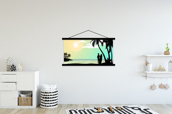Posterhanger incl. Poster 120x60 cm - Schoolplaat - Strand - Surfen - Zon - Zomer - Textielposter - Zwarte latten
